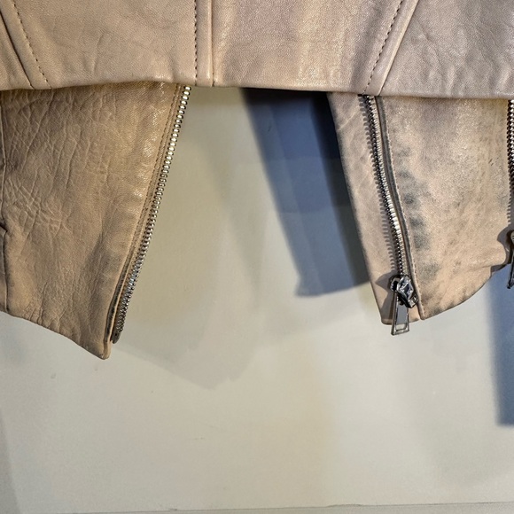 Vince Sand Shell Asymmetrical Rib Knit 100% Lambskin Leather Moto Designer Coat - Picture 11 of 16